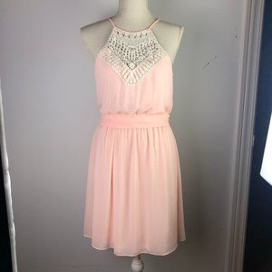 Blush Pink Belted Halter Crochet Lace Mini Dress